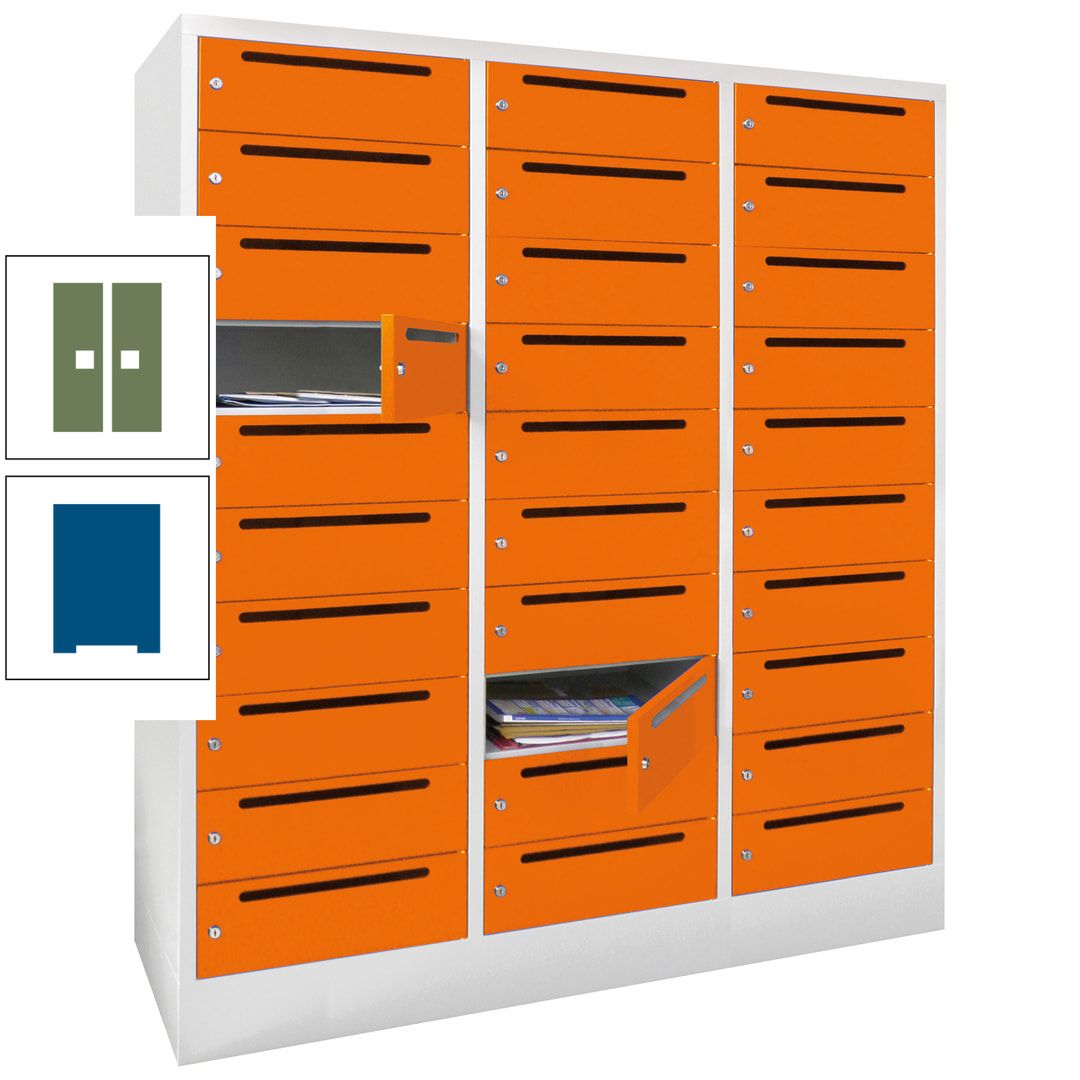 Postverteilerschrank, Schließfachschrank, 3 Abteile a 40 cm, 30 Fächer, 1.850 x 1.200 x 500 mm (HxBxT), Korpus anthrazitgrau, Front anthrazitgrau
