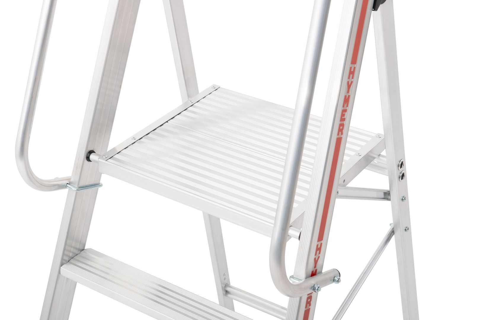 Plattformleiter mit langem Handlauf, Aluminium, Stehleiter, ohne Rollen, Rutschhemmung R11, Leiterlänge 2.100 mm, 4 Stufen, Traglast 150 kg, Hymer