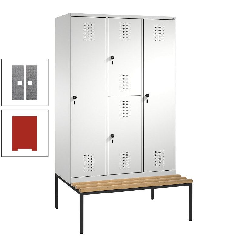 Garderobenschrank, Spind ein- und doppelstöckig Sitzbank, 3 Abteile, 4 Fächer, 2.090x1.200x500 mm (HxBxT), Front anthrazitgrau, Korpus anthrazitgrau