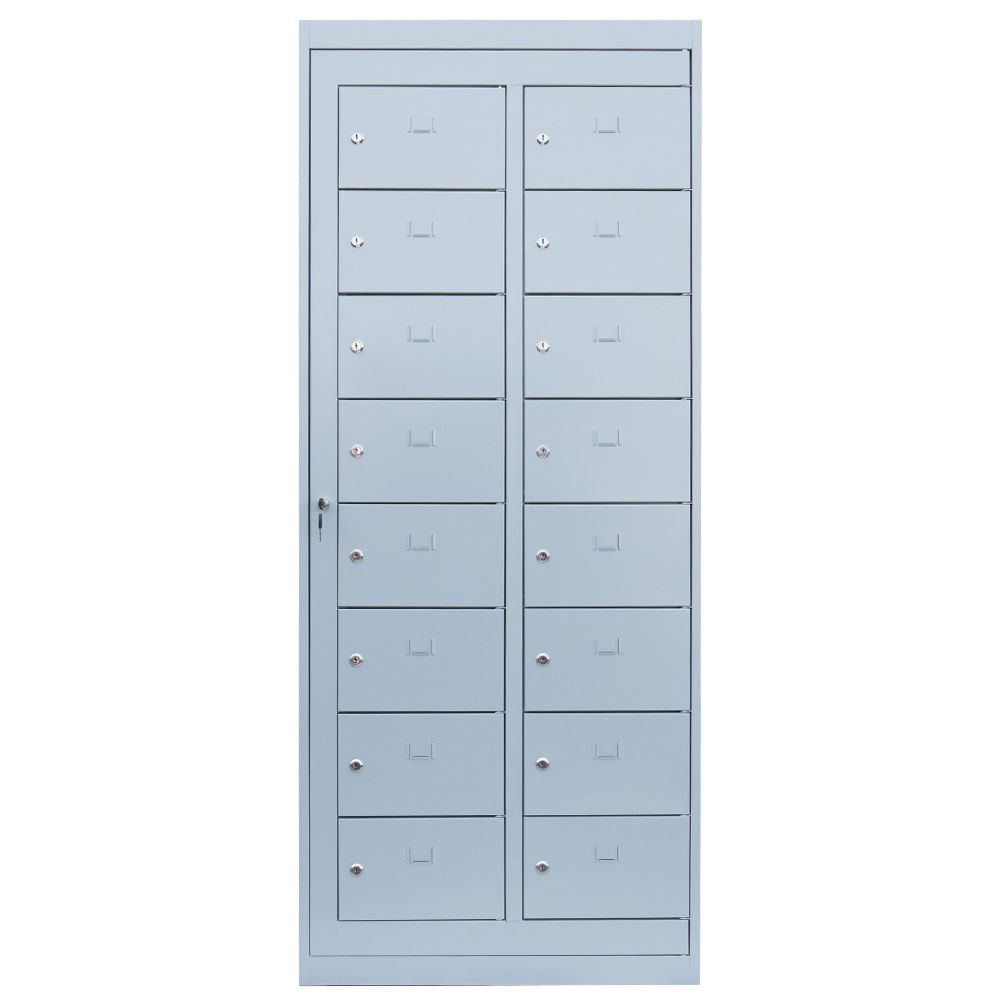 Verteilerschrank, Ausgabeschrank, Fächerschrank, Zentraltür, 2 Abteile, 16 Fächer, 1.800 x 740 x 500 mm (HxBxT), Korpus lichtgrau, Front enzianblau