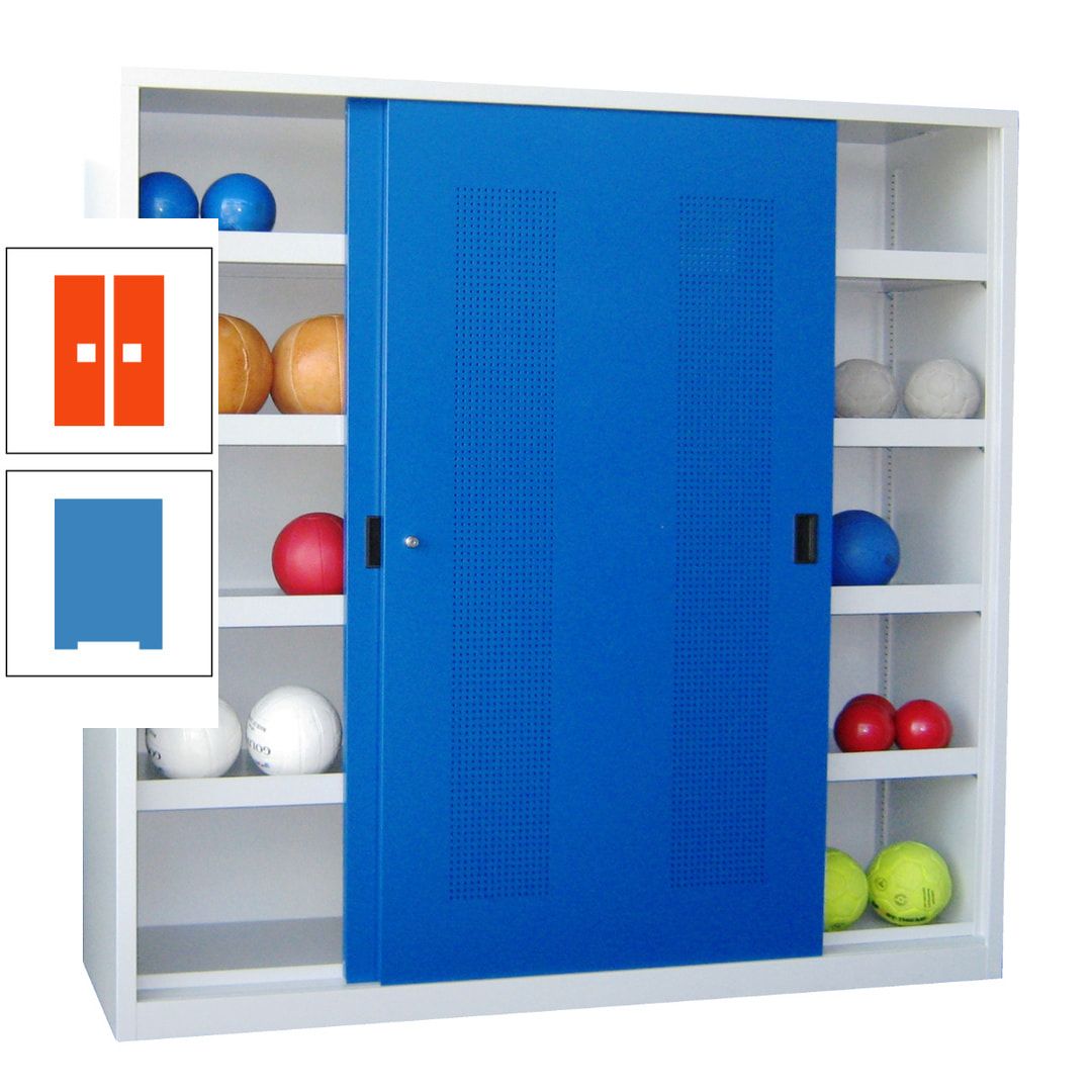 Ballschrank - Schiebetüren mit Lochfeld - Trennwand - 8 Böden - 1.950x2.000x600 mm (HxBxT) - anthrazitgrau