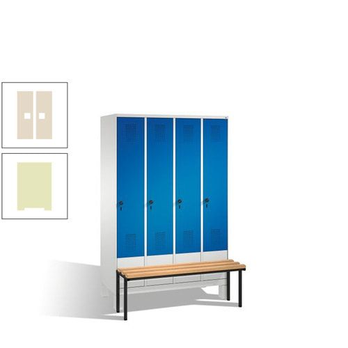 Stahl-Garderobenschrank, Spind, Buche Sitzbank vorgebaut, 4 Abteile a 300 mm, Korpus Lichtgrün, Tür Schwefelgelb, 1.850 x 1.200 x 815 mm (HxBxT)