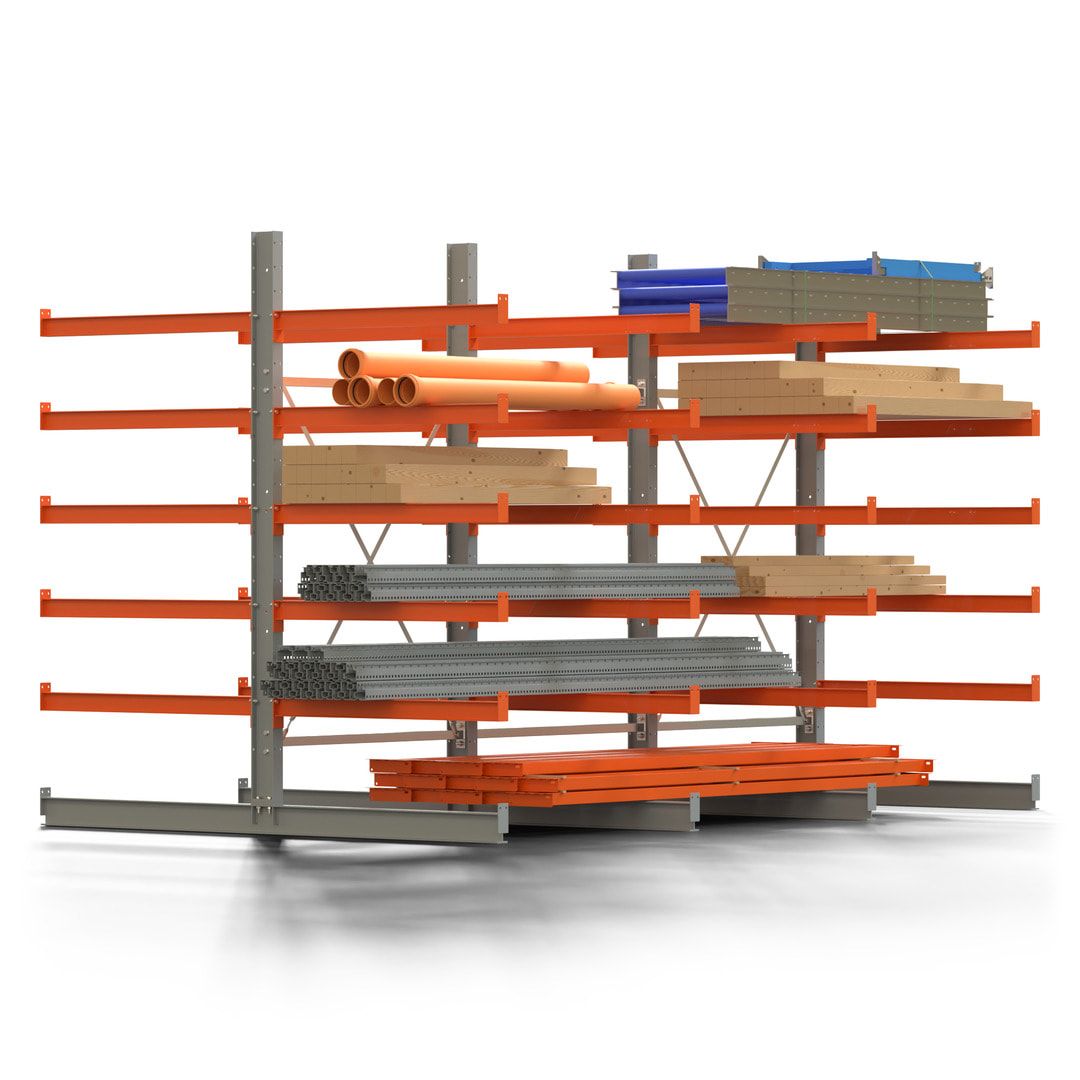 Doppelseitiges Kragarmregal, 2 Felder, 2.500 x 2.560 x 1.120 mm (HxBxT), Nutztiefe 500 mm, Kragarmlast 870 kg, KARL basic, silbergrau/reinorange