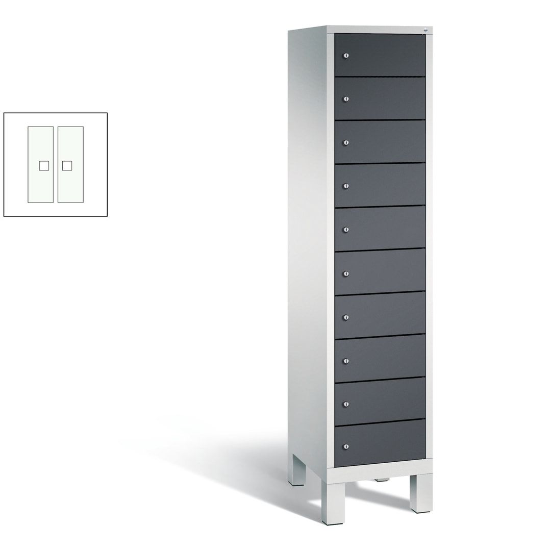 Laptopschrank, Tabletschrank, Computerschrank auf Füßen, 10 Fächer, 1.850 x 420 x 500 mm (HxBxT), Korpus gelborange, Tür anthrazitgrau