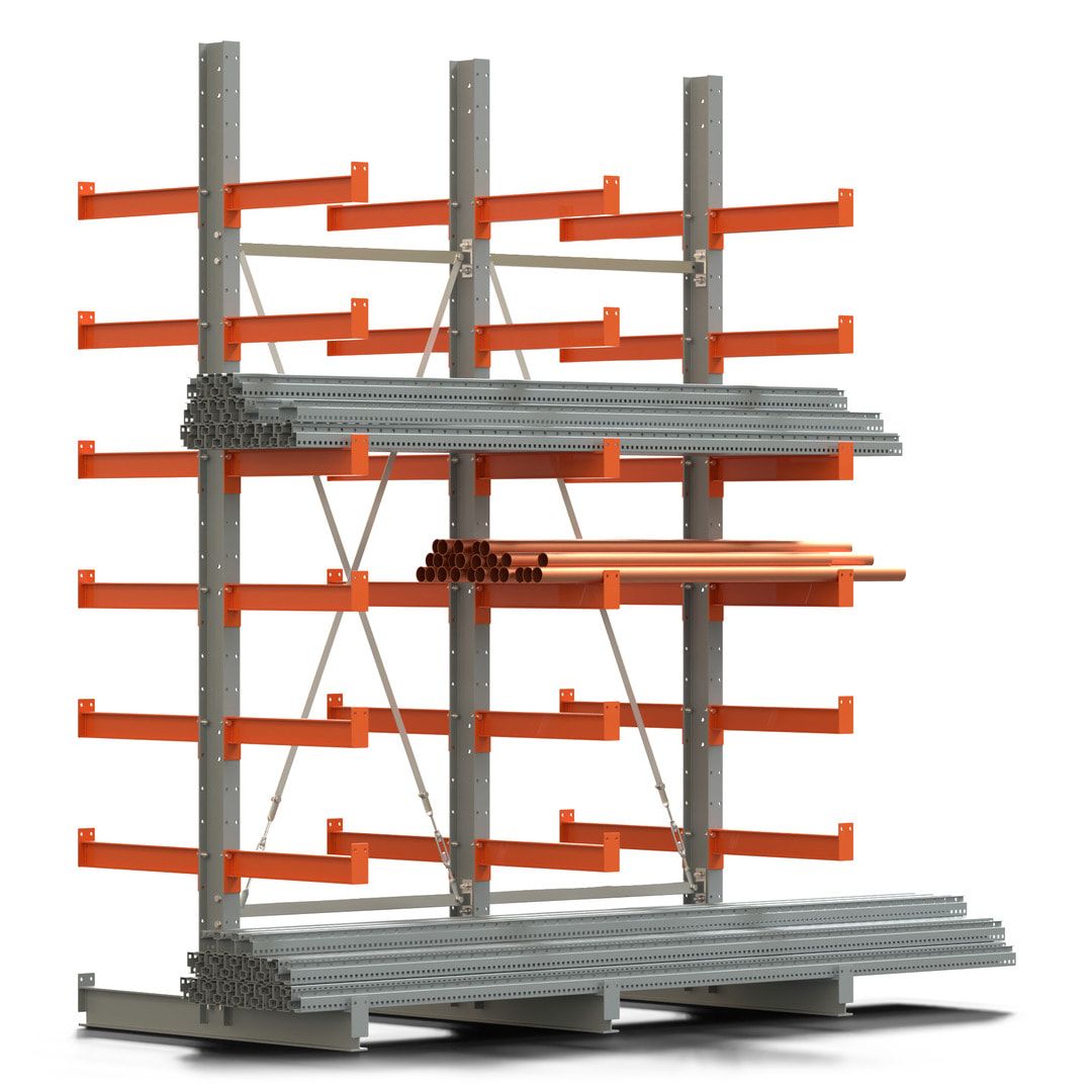 Doppelseitiges Kragarmregal, 2 Felder, 3.000 x 2.000 x 1.120 mm (HxBxT), Nutztiefe 500 mm, Kragarmlast 870 kg, KARL basic, silbergrau/reinorange