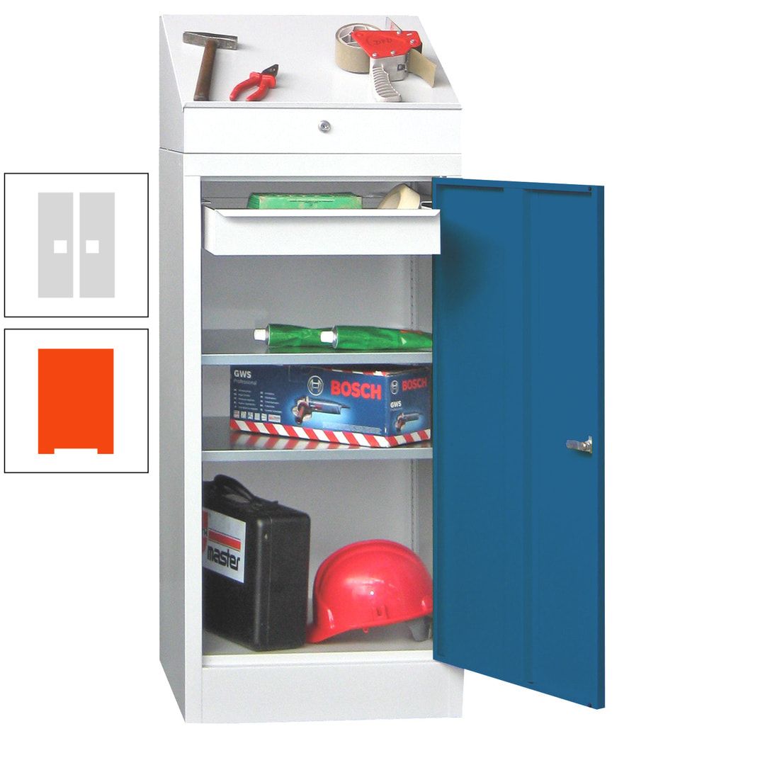 Stehpult mit Schrank - Vollblechtür - 1 Einlegeboden, 1 Ausziehboden, 1 Schublade - 1.270x500x500 mm (HxBxT) - anthrazitgrau