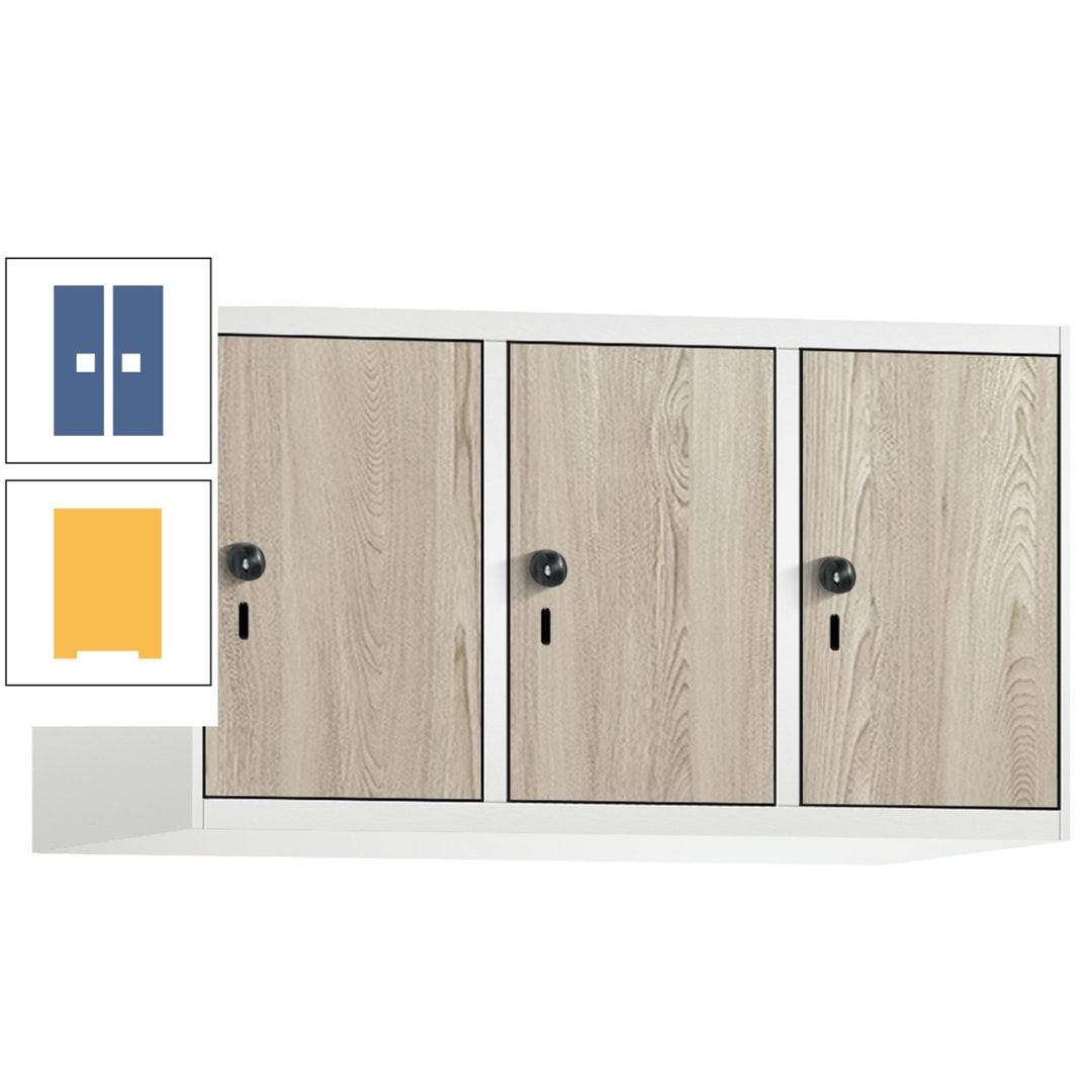Aufsatzschrank, Schrankaufsatz, 3 Fächer a 300 mm, Farbe Pastellgelb, Tür anthrazitgrau, 500 x 900 x 500 mm (HxBxT)