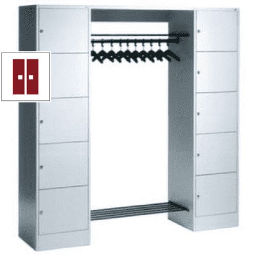 Garderobenanlage, Offene Garderobe mit Spindschrank, 10 Fächer, links/rechts, Korpus lichtgrau, Türfarbe enzianblau, 1.950 x 1.870 x 480 mm (HxBxT)