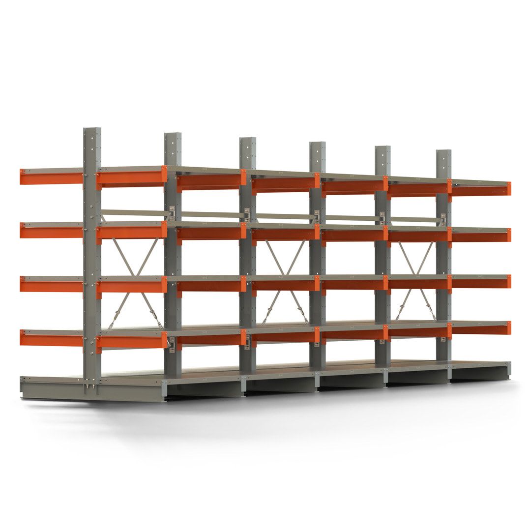 Doppelseitiges Kragarmregal mit Fachböden, 2 Felder, 2.000 x 2.000 (HxB), Nutztiefe 1.000 mm, Kragarmlast 450 kg, KARL basic, silbergrau/reinorange