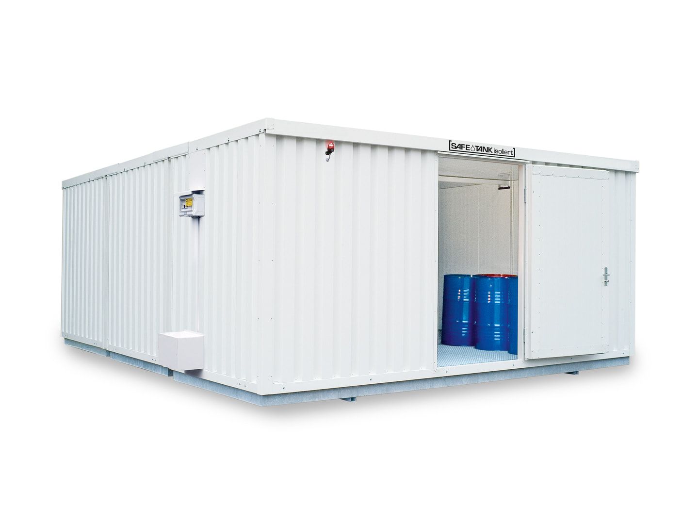 Isolierter Gefahrstoffcontainer - 2.520 x 5.080 x 6.520 mm (HxBxT) - Auffangvolumen 3 x 1.480 l - Dauerlüfter - Doppelflügeltür kurze Seite