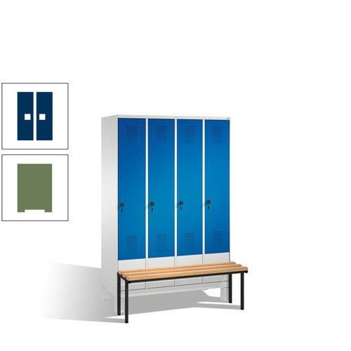Stahl-Garderobenschrank, Spind, Buche Sitzbank vorgebaut, 4 Abteile a 300 mm, Korpus Lichtgrün, Tür Schwefelgelb, 1.850 x 1.200 x 815 mm (HxBxT)