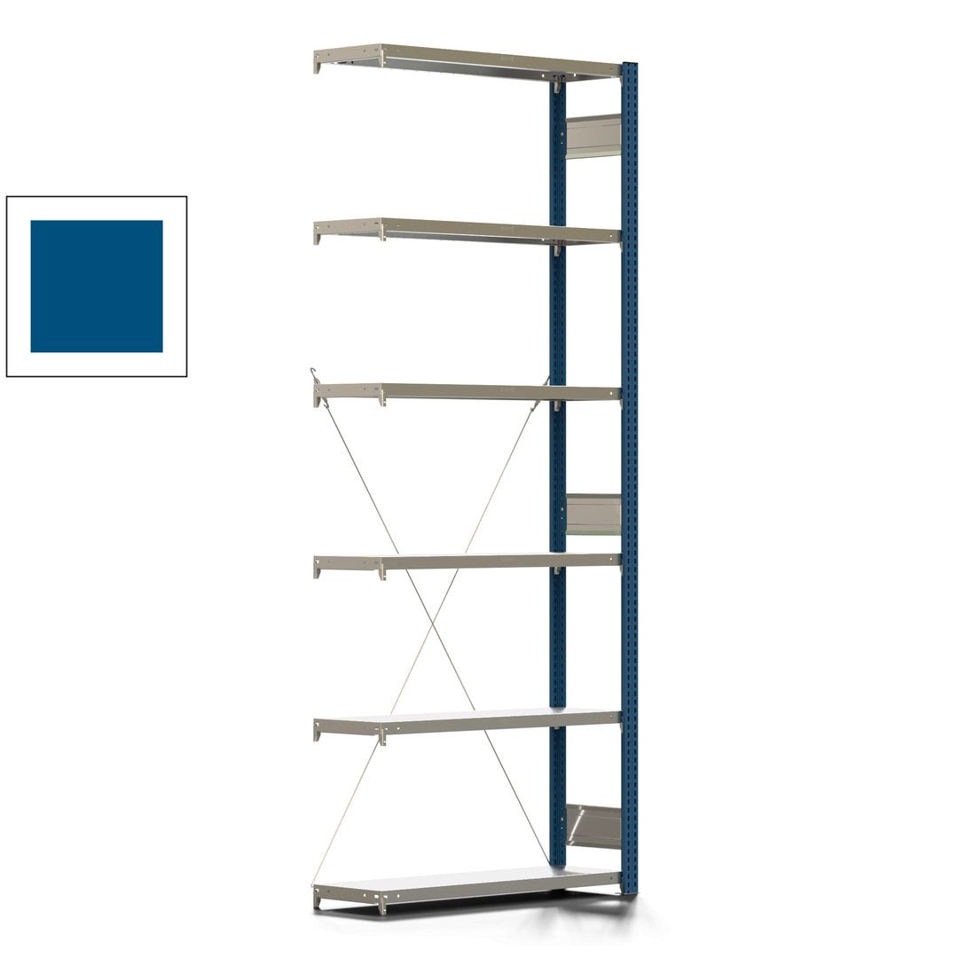 Fachbodenregal mit Tiefenriegel - 350 kg - 2.500 x 1.005 x 326 mm (HxBxT) - Anbauregal - 6 Böden - enzianblau - Lagerregal - Steckregal BERT
