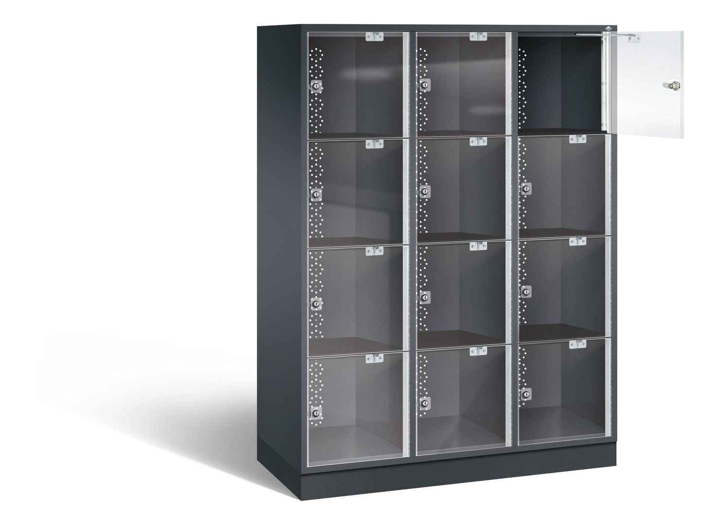 Schließfachschrank, Fächerschrank mit Türen aus Acrylglas, 3 Abteile, 12 Fächer, Zylinderschloss, 1.750 x 1.220 x 500 mm (HxBxT), Korpus anthrazitgrau
