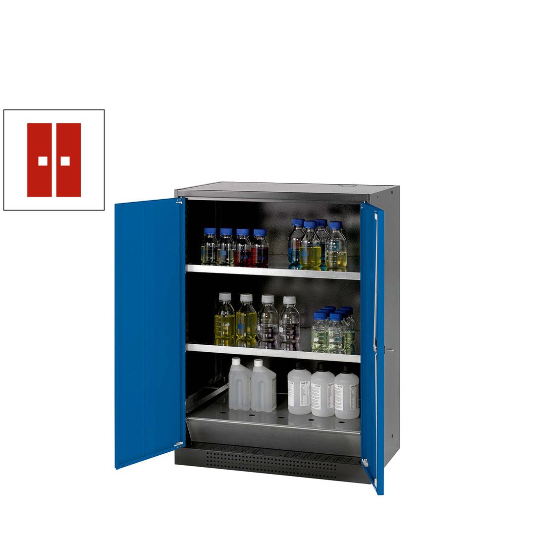 Chemikalienschrank - Flügeltüren, enzianblau - 2 Fachböden - 1.105 x 810 x 520 mm (HxBxT) - Stahl, pulverbeschichtet