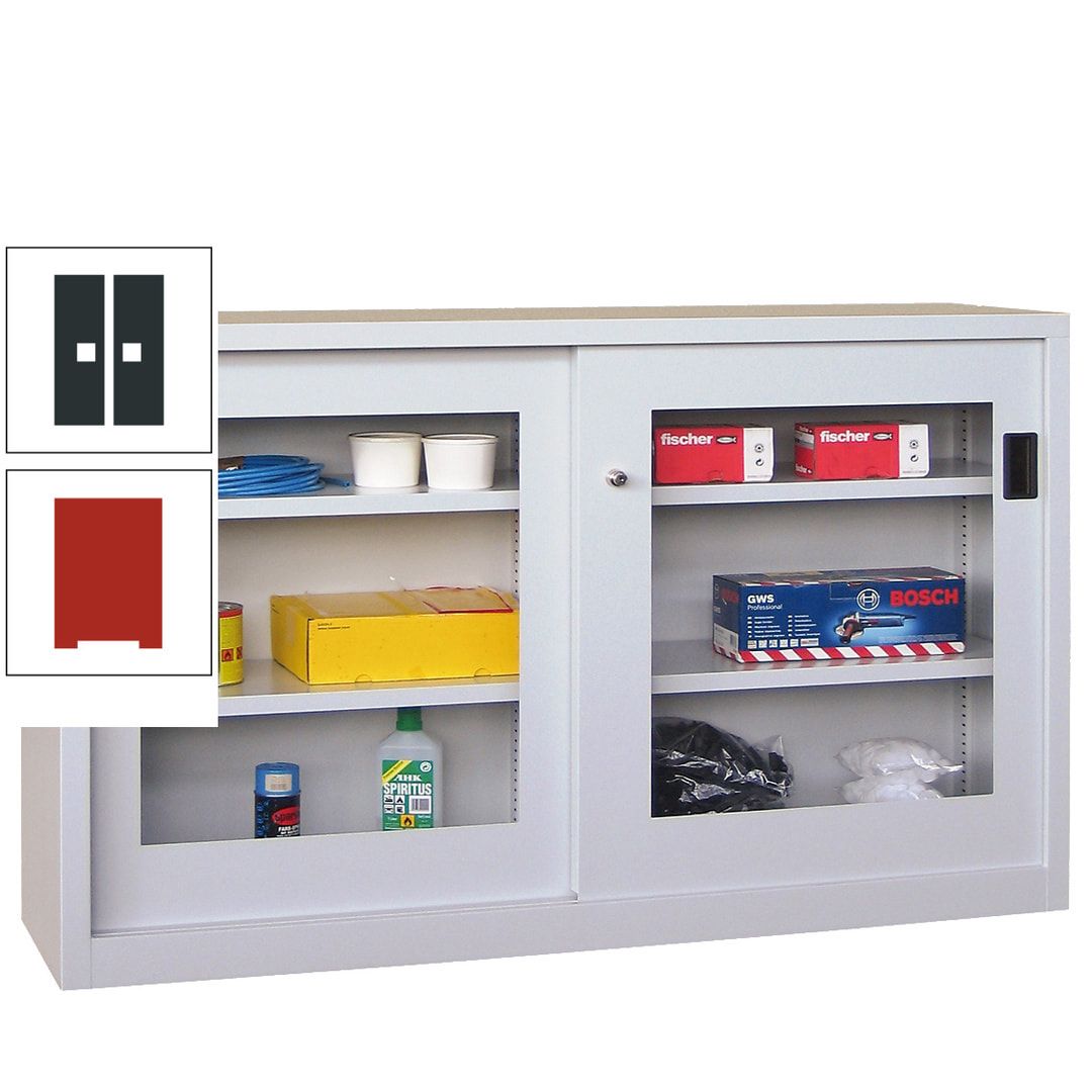 Schiebetürenschrank - Sichtfenstertüren - 1.000x1.500x600 mm (HxBxT) - 4 Böden, verzinkt - Zylinderschloss - anthrazitgrau