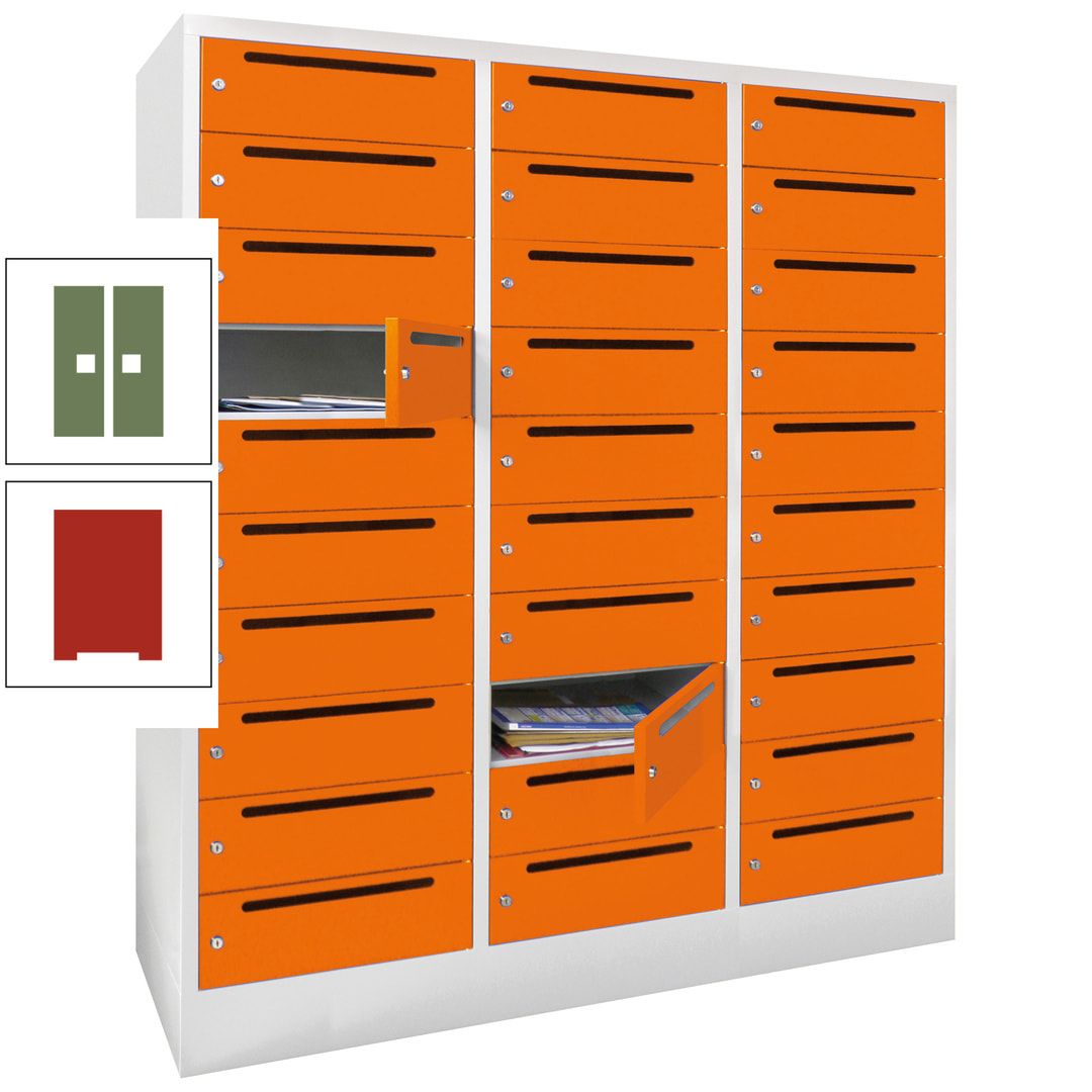 Postverteilerschrank, Schließfachschrank, 3 Abteile a 40 cm, 30 Fächer, 1.850 x 1.200 x 500 mm (HxBxT), Korpus anthrazitgrau, Front anthrazitgrau