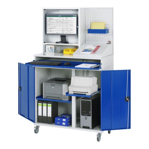 Computer-Arbeitsstation, erweiterbar, Monitorgehäuse, Fenster, Lochblech, Trennwand, Auszugboden, mobil - Anthrazitgrau