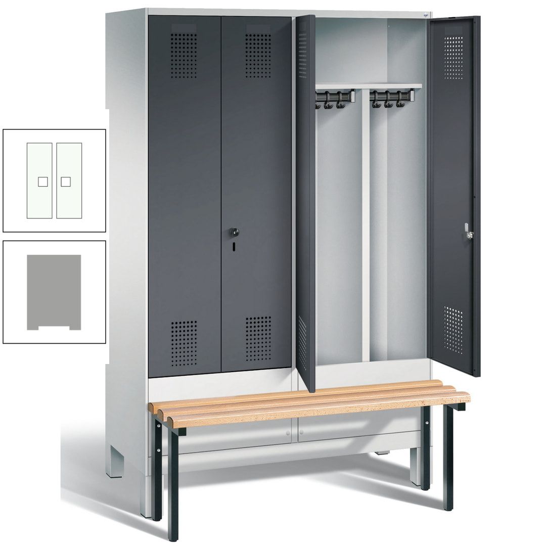 Doppel-Spind, Garderobenschrank, Buche Sitzbank vorgebaut, 4 Abteile a 300 mm, Korpus feuerrot, Tür Wasserblau, 1.850 x 1.200 x 815 mm (HxBxT)
