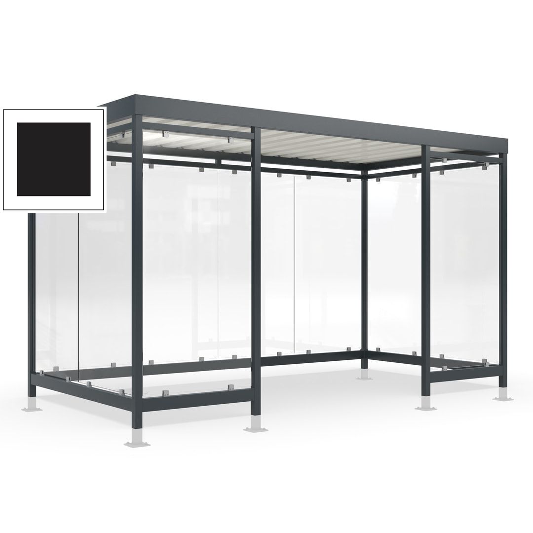 Raucherunterstand für 12-13 Personen, Bushaltestelle, mit Überpflasterung, 2.440 x 4.195 x 2.165 mm (HxBxT), 10 Wände, Achatgrau