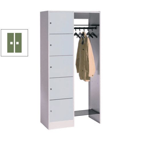 Garderobenanlage, Offene Garderobe mit Spindschrank, 5 Fächer, links, Korpusfarbe lichtgrau, Türfarbe enzianblau, 1.950 x 960 x 480 mm (HxBxT)