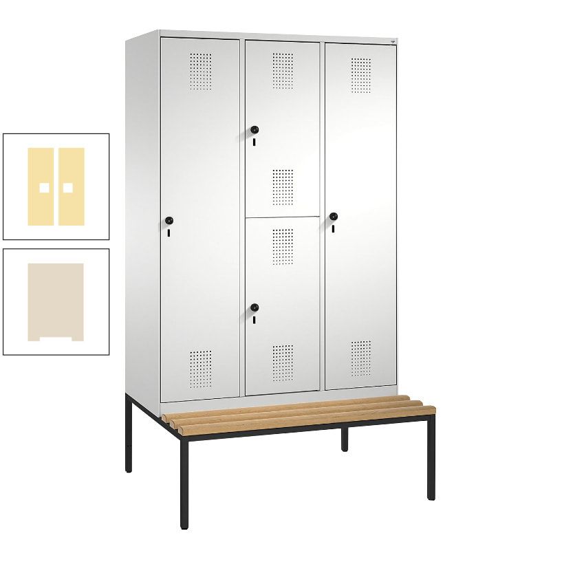 Garderobenschrank, Spind ein- und doppelstöckig Sitzbank, 3 Abteile, 4 Fächer, 2.090x1.200x500 mm (HxBxT), Front anthrazitgrau, Korpus anthrazitgrau