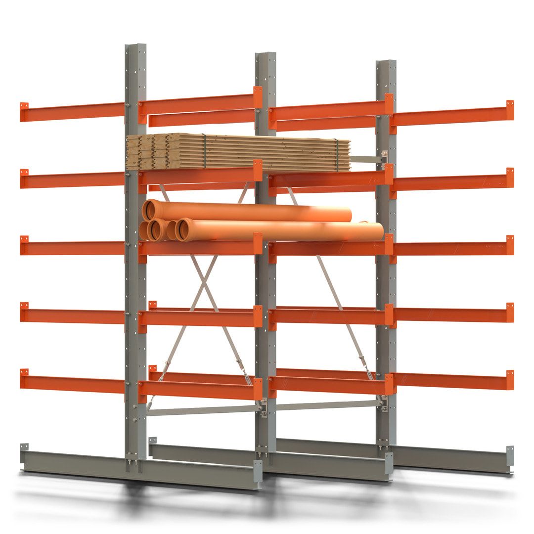 Doppelseitiges Kragarmregal, 2 Felder, 2.500 x 2.000 x 1.120 mm (HxBxT), Nutztiefe 500 mm, Kragarmlast 870 kg, KARL basic, silbergrau/reinorange