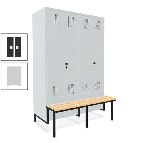 Doppel-Spind, Garderobenschrank, Buche Sitzbank integriert, 4 Abteile 300 mm, Korpus anthrazitgrau, Tür anthrazitgrau, 1.850 x 1.200 x 815 mm (HxBxT)