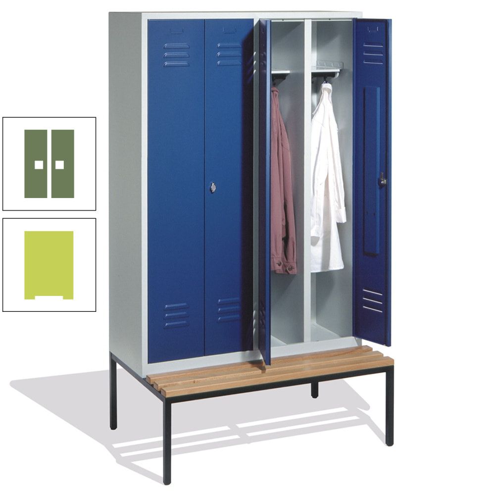Doppel-Spindschrank, Buche Sitzbank untergebaut, 4 Abteile a 300 mm, Korpus lichtgrau, Tür anthrazitgrau, 2.090 x 1.190 x 815 mm (HxBxT)