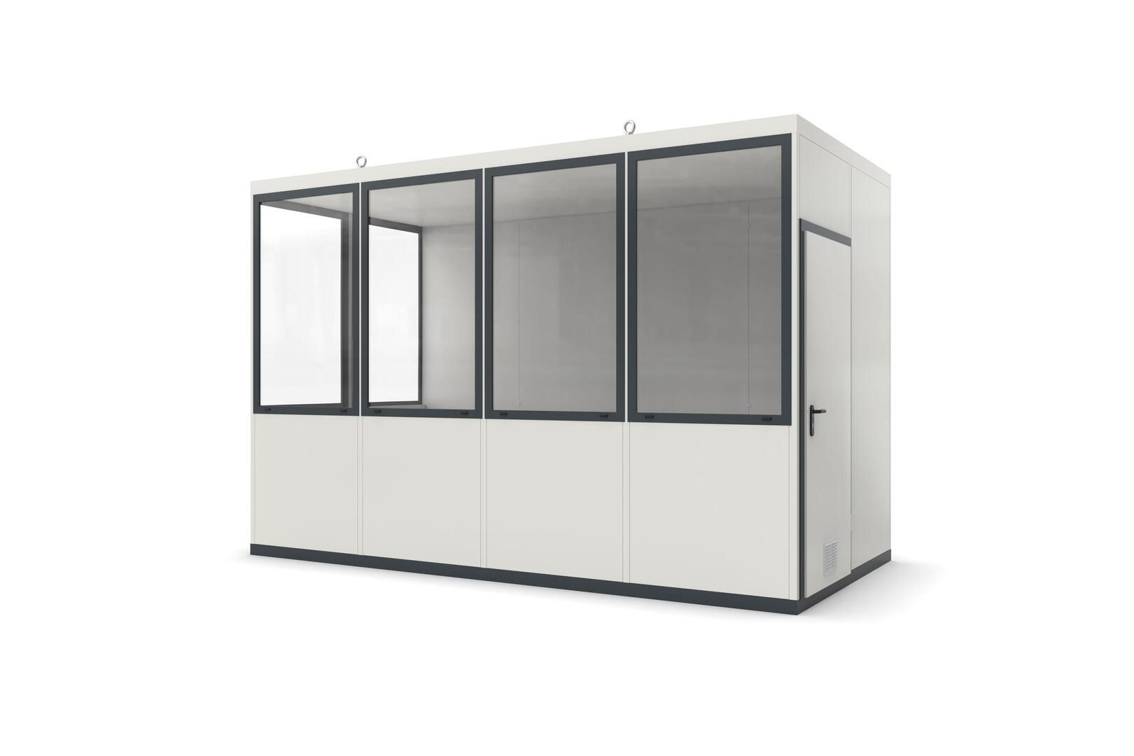 Bürocontainer, Aufsichtsstand, Meisterbüro, Lagerhallenbüro, mobil, für Innen, 2.620 x 4.045 x 2.045 mm (HxBxT), 8,27 qm, ohne Fußboden