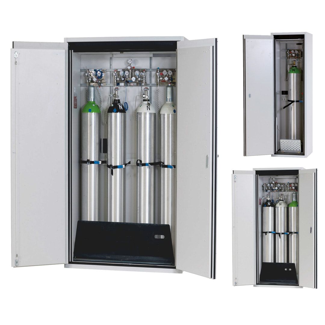 Druckgasflaschenschrank, Gasflaschenschrank, für 1 x 50 l Gasflasche, Schutzgas, Feuerwiderstand G90, 2.050 x 598 x 615 mm, lichtgrau