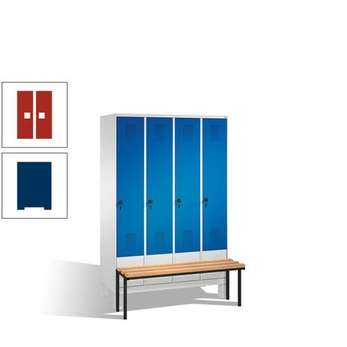 Stahl-Garderobenschrank, Spind, Buche Sitzbank vorgebaut, 4 Abteile a 300 mm, Korpus Lichtgrün, Tür Schwefelgelb, 1.850 x 1.200 x 815 mm (HxBxT)