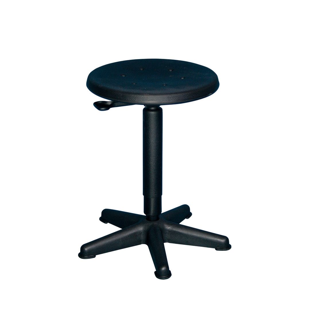 Arbeitshocker mit platzsparendem Fußkreuz - Sicherheitsgasfeder mit Hebelauslösung - Sitzhöhe 440-630 mm - PU schwarz