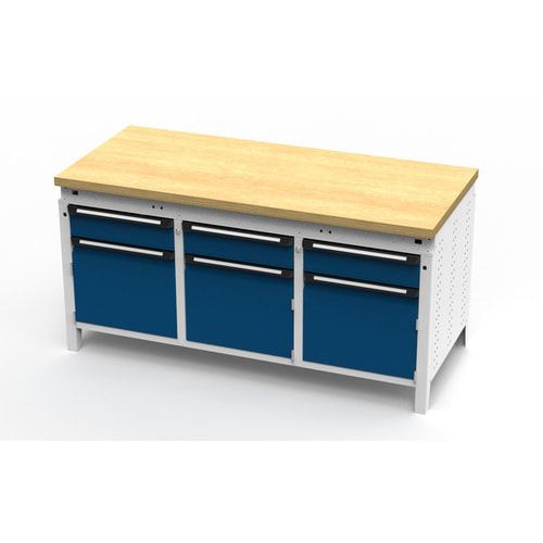 OTTOKIND Werkbank - bündige Arbeitsplatte - 850 x 1.695 x 750 mm (HxBxT) - 3 Schubladen - 3 Schränke - lichtgrau