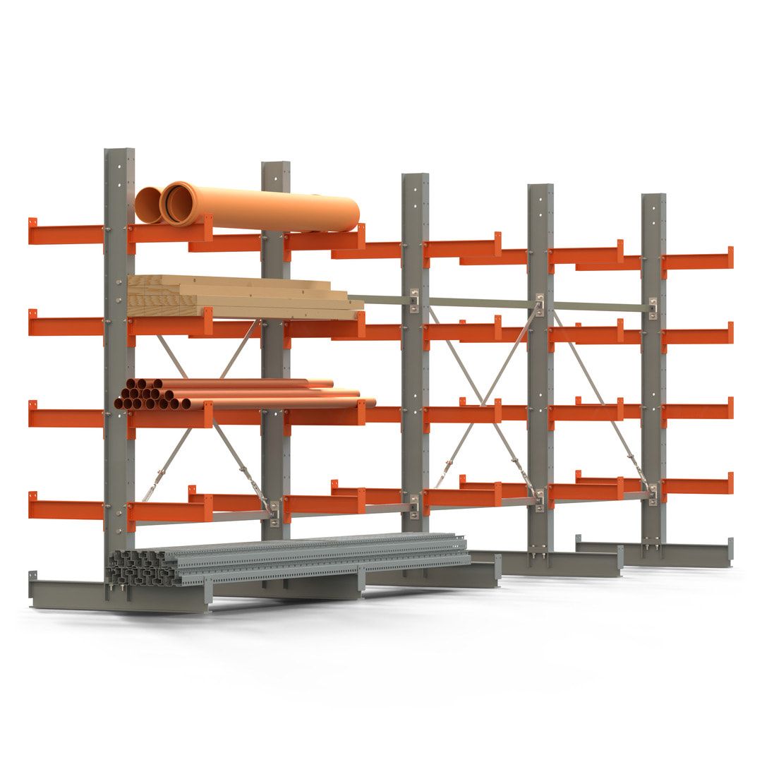 Doppelseitiges Kragarmregal, 2 Felder, 2.000 x 2.560 x 1.120 mm (HxBxT), Nutztiefe 500 mm, Kragarmlast 870 kg, KARL basic, silbergrau/reinorange