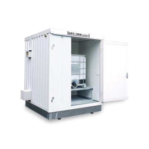 Isolierter Gefahrstoffcontainer - 2.650 x 2.100 x 2.170 mm (HxBxT) - Auffangvolumen 1.040 l - mit Sensorlüfter - asymmetrische Doppelflügeltür
