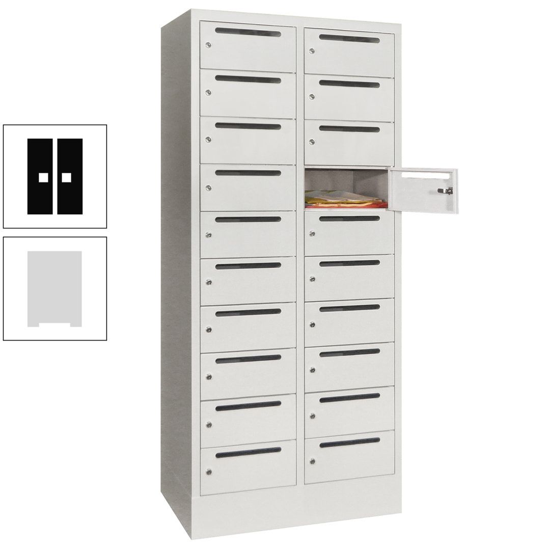 Postverteilerschrank, Schließfachschrank, 2 Abteile a 400 mm, 20 Fächer, 1.850 x 800 x 500 mm (HxBxT), Korpus anthrazitgrau, Front anthrazitgrau