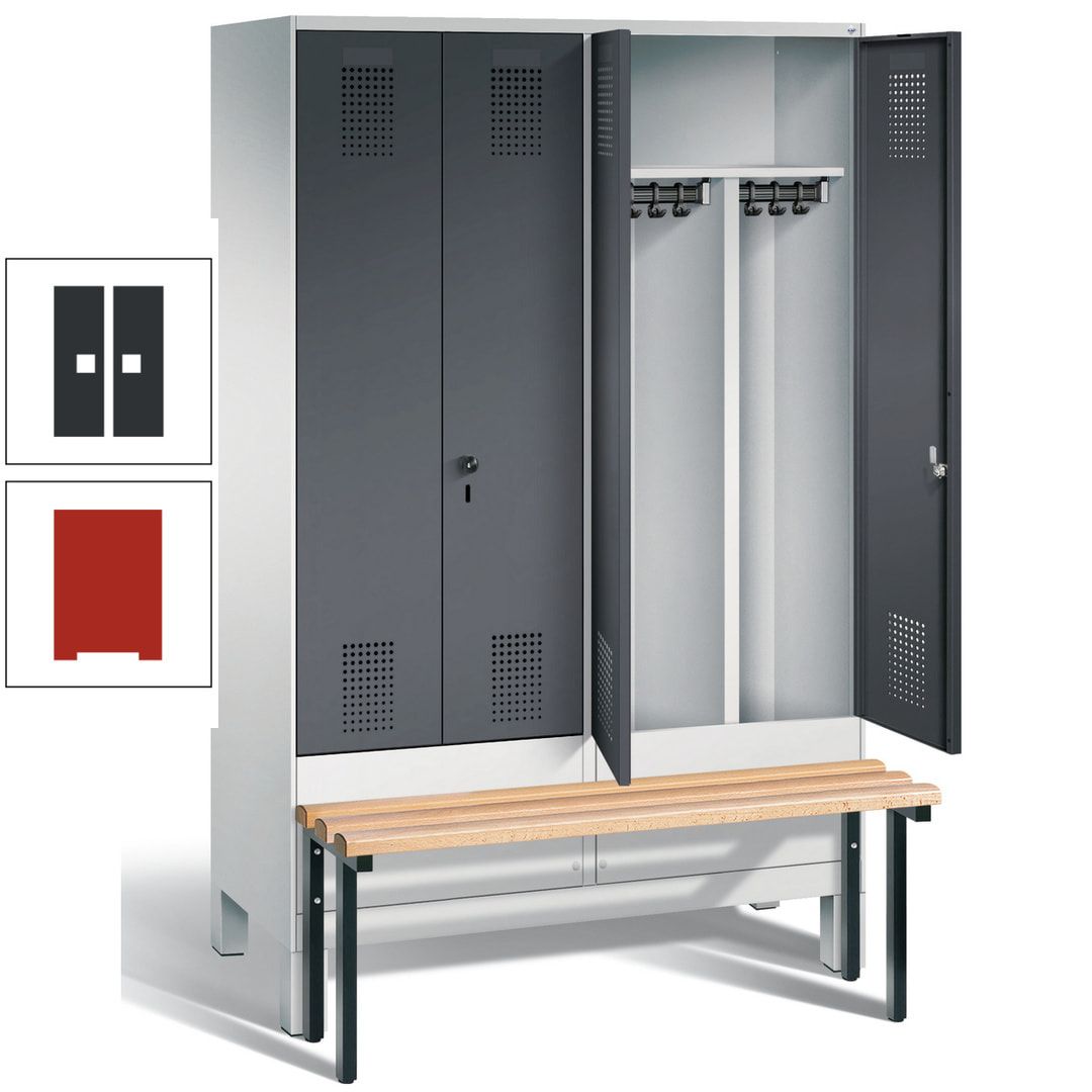 Doppel-Spind, Garderobenschrank, Buche Sitzbank vorgebaut, 4 Abteile a 300 mm, Korpus feuerrot, Tür Wasserblau, 1.850 x 1.200 x 815 mm (HxBxT)