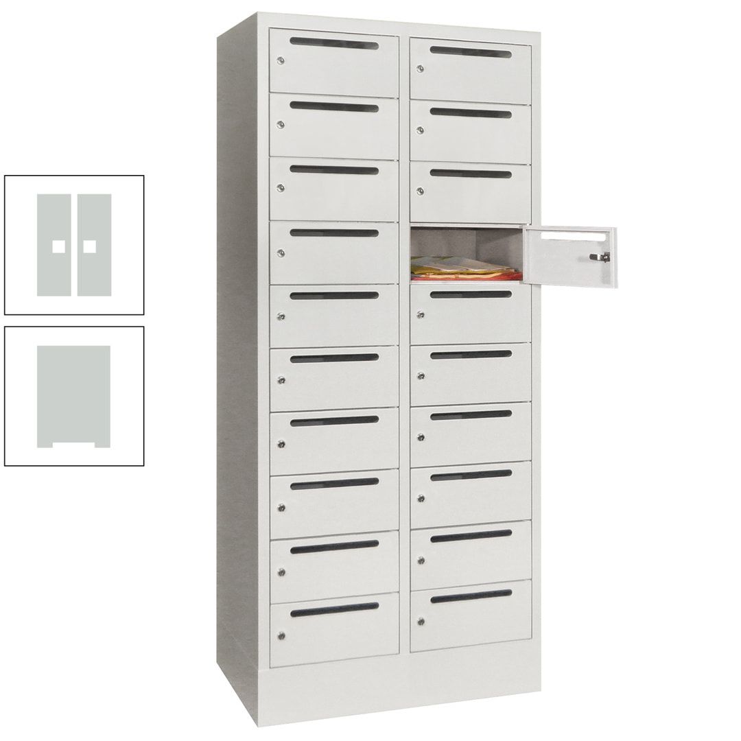 Postverteilerschrank, Schließfachschrank, 2 Abteile a 400 mm, 20 Fächer, 1.850 x 800 x 500 mm (HxBxT), Korpus anthrazitgrau, Front anthrazitgrau