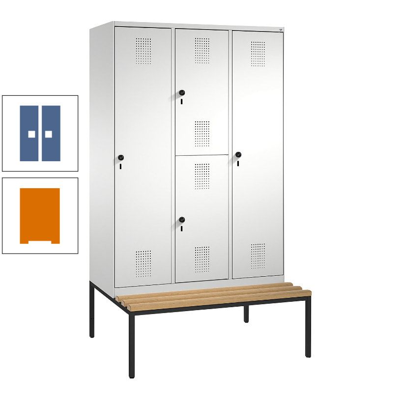 Garderobenschrank, Spind ein- und doppelstöckig Sitzbank, 3 Abteile, 4 Fächer, 2.090x1.200x500 mm (HxBxT), Front anthrazitgrau, Korpus anthrazitgrau