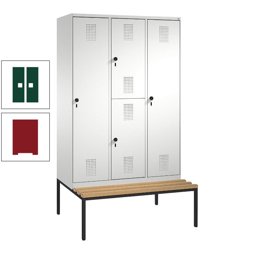 Garderobenschrank, Spind ein- und doppelstöckig Sitzbank, 3 Abteile, 4 Fächer, 2.090x1.200x500 mm (HxBxT), Front anthrazitgrau, Korpus anthrazitgrau