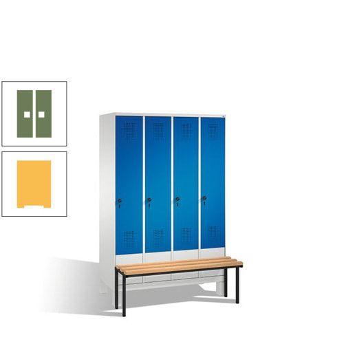 Stahl-Garderobenschrank, Spind, Buche Sitzbank vorgebaut, 4 Abteile a 300 mm, Korpus Lichtgrün, Tür Schwefelgelb, 1.850 x 1.200 x 815 mm (HxBxT)