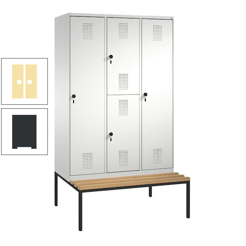 Garderobenschrank, Spind ein- und doppelstöckig Sitzbank, 3 Abteile, 4 Fächer, 2.090x1.200x500 mm (HxBxT), Front anthrazitgrau, Korpus anthrazitgrau