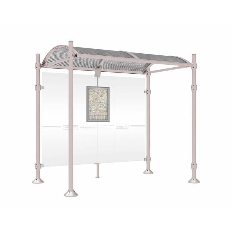 Buswartehalle, Unterstand, 2.500 x 2.500 x 1.600 mm (HxBxT), Kopfmodell Agora, ESG, Fahrplanschaukasten, Farbe enzianblau