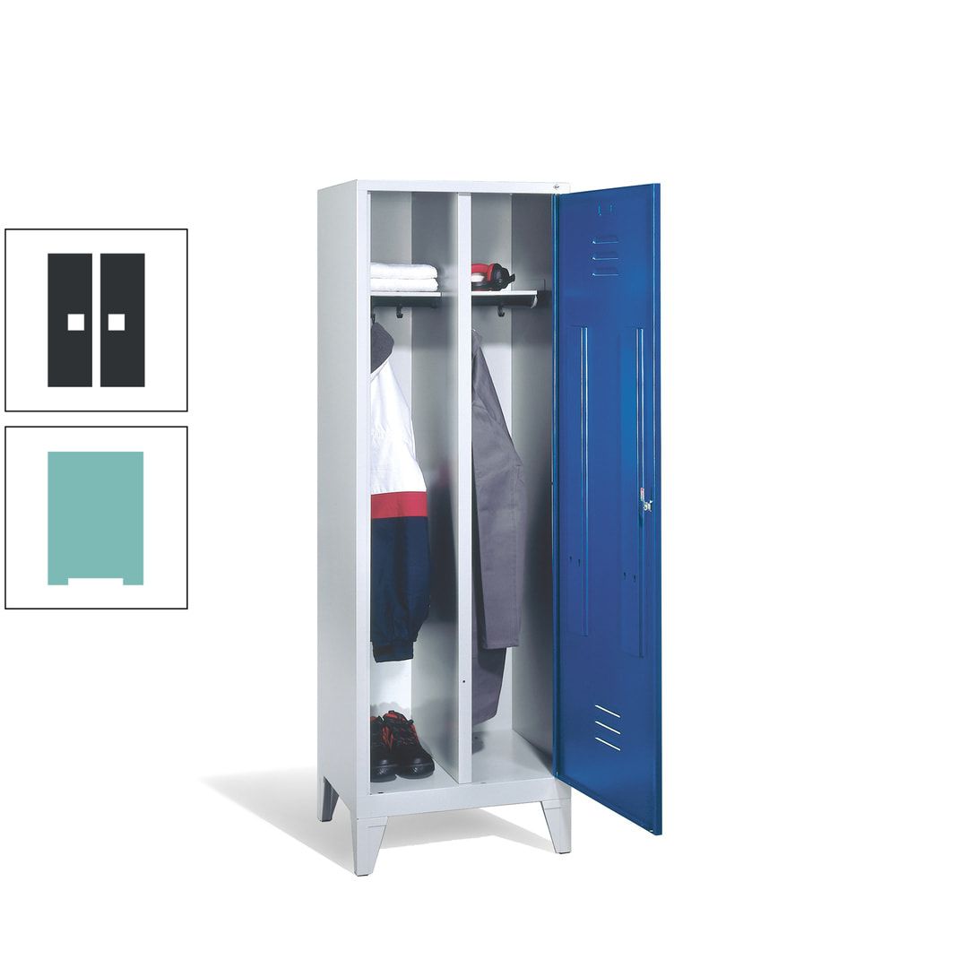 Doppel-Spind mit Großtür, Garderobenschrank mit Füßen, 2 Abteile a 300 mm, Korpus anthrazitgrau, Tür anthrazitgrau, 1.850 x 610 x 500 mm (HxBxT)
