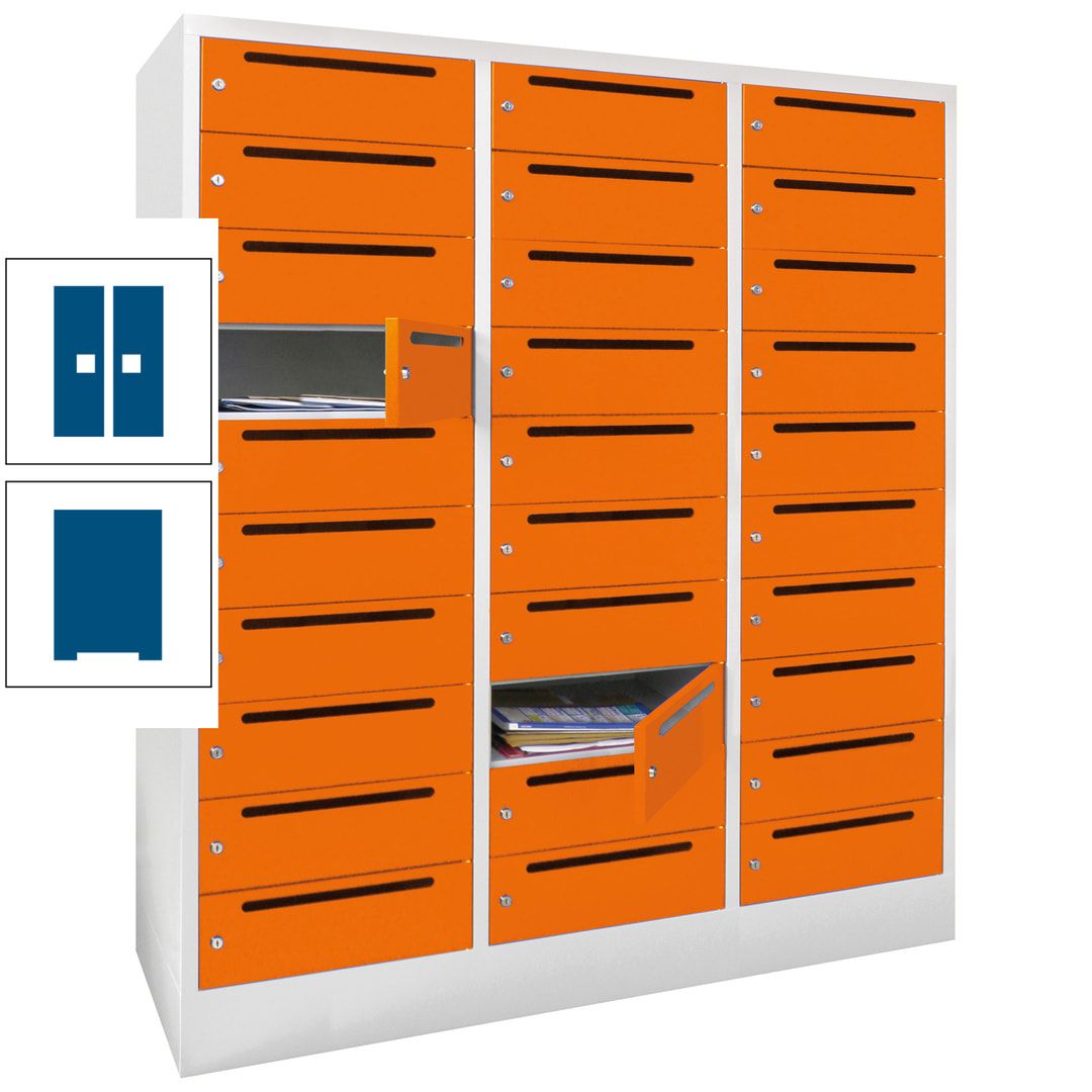 Postverteilerschrank, Schließfachschrank, 3 Abteile a 40 cm, 30 Fächer, 1.850 x 1.200 x 500 mm (HxBxT), Korpus anthrazitgrau, Front anthrazitgrau