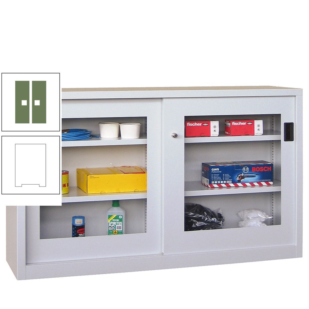 Schiebetürenschrank - Sichtfenstertüren - 1.000x1.500x600 mm (HxBxT) - 4 Böden, verzinkt - Zylinderschloss - anthrazitgrau