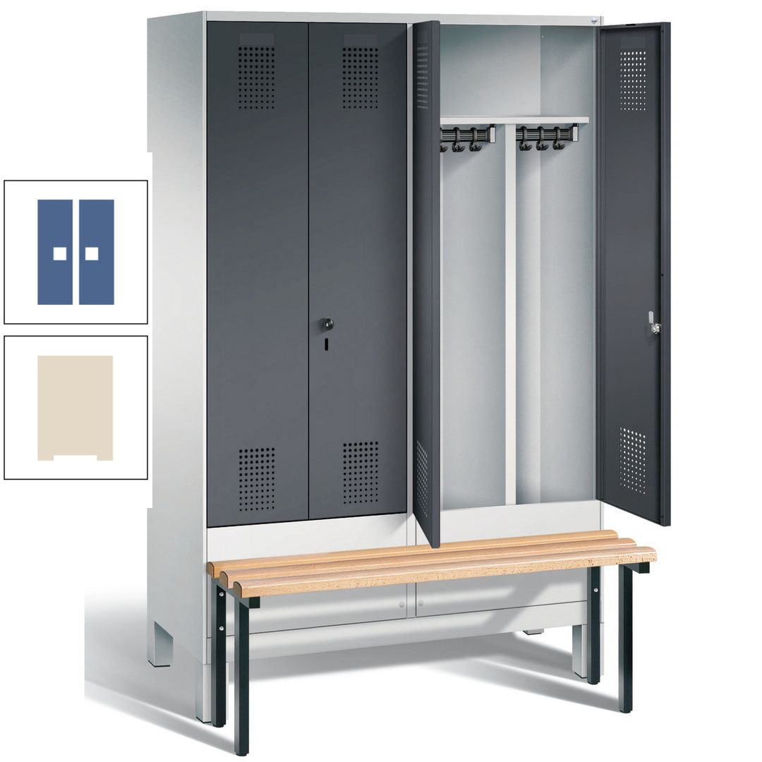 Doppel-Spind, Garderobenschrank, Buche Sitzbank vorgebaut, 4 Abteile a 300 mm, Korpus feuerrot, Tür Wasserblau, 1.850 x 1.200 x 815 mm (HxBxT)