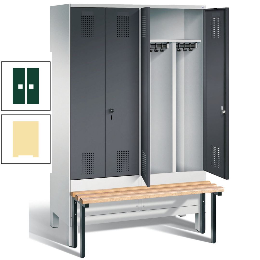 Doppel-Spind, Garderobenschrank, Buche Sitzbank vorgebaut, 4 Abteile a 300 mm, Korpus feuerrot, Tür Wasserblau, 1.850 x 1.200 x 815 mm (HxBxT)