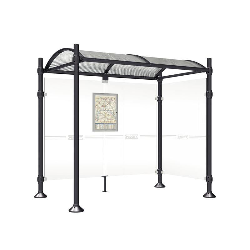 Buswartehalle, Unterstand, 2 Seitenwände, Kopf gebürsteter Edelstahl, ESG, Fahrplanschaukasten, 2.500 x 2.500 x 1.600 mm (HxBxT), Farbe enzianblau