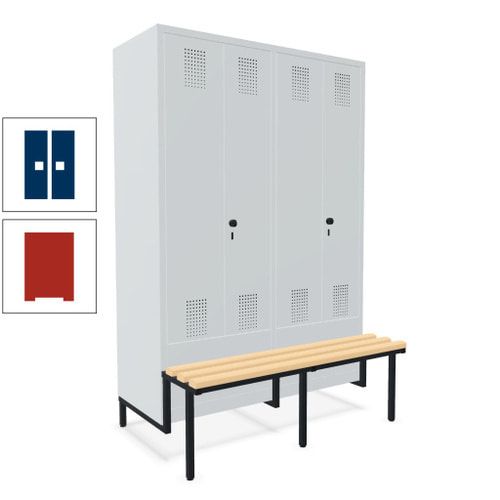Doppel-Spind, Garderobenschrank, Buche Sitzbank integriert, 4 Abteile 300 mm, Korpus anthrazitgrau, Tür anthrazitgrau, 1.850 x 1.200 x 815 mm (HxBxT)